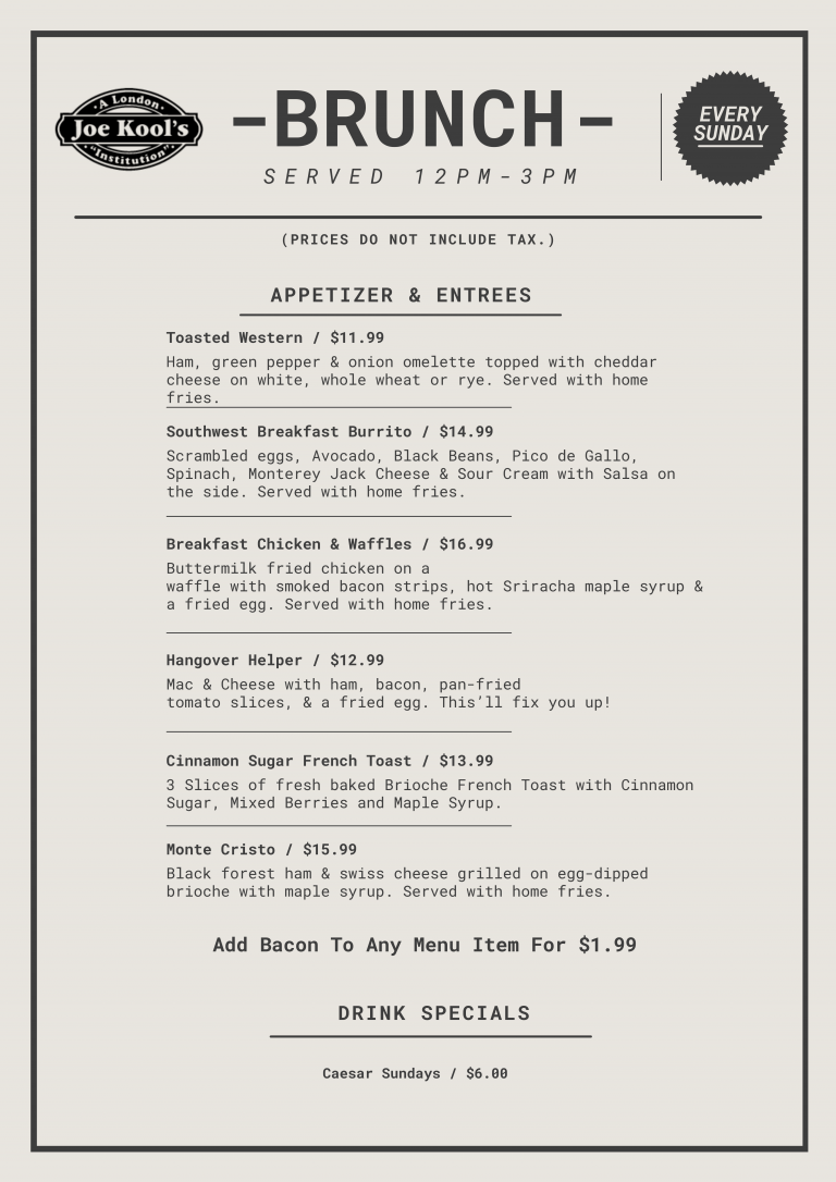 Brunch Menu Joe Kools